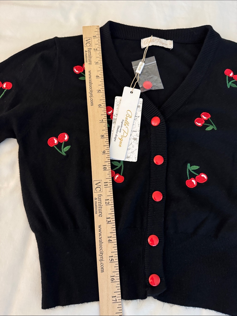 Belle Poque Black Cherry-Embroidered V-Neck Cardigan Sweater Sz Small NWT - Picture 6 of 7